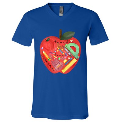 Teach Love Inspire Watercolor Teachers' Day Lettering Gift V-Neck T-Shirt