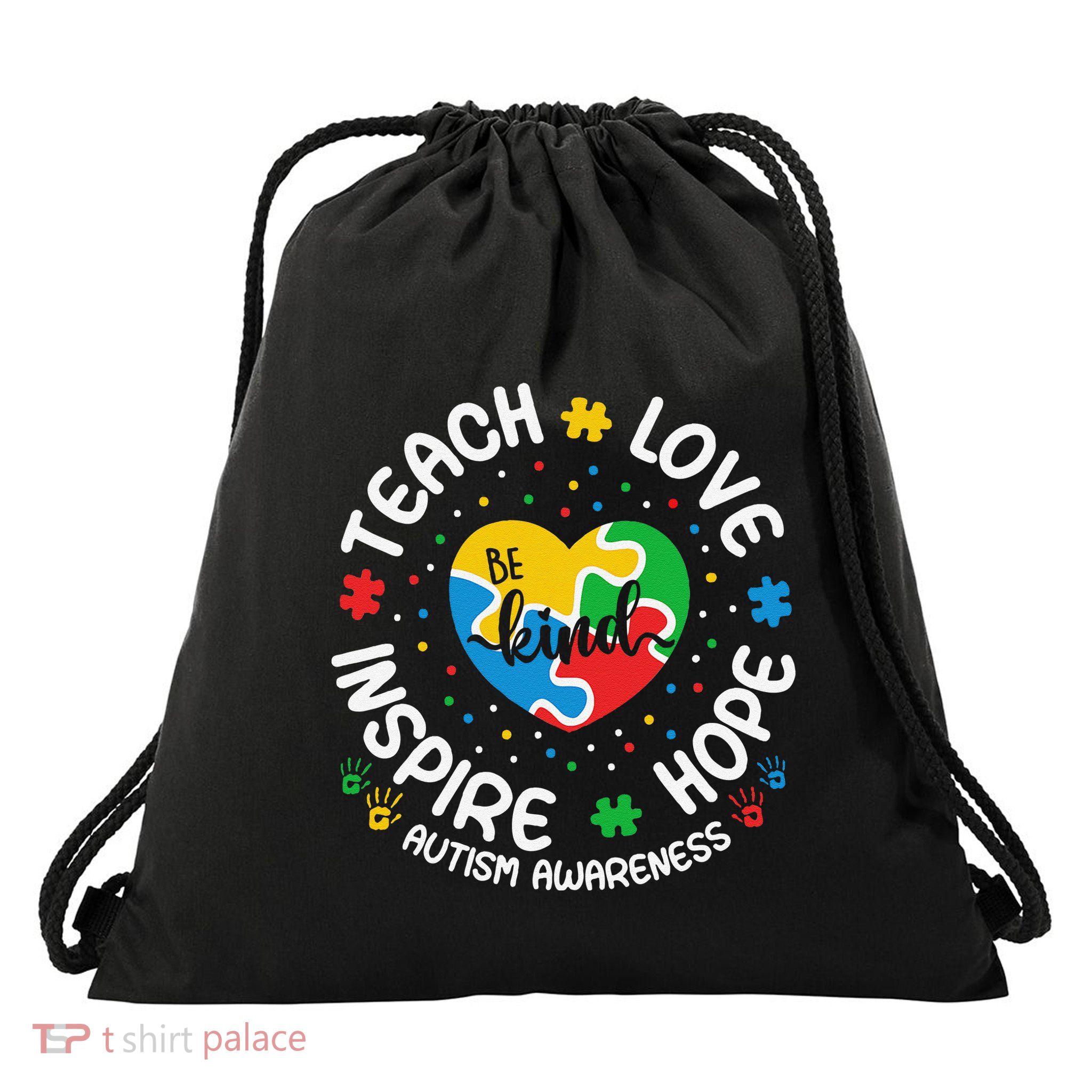 Teach Love Inspire Be Kind Puzzles Autism Awareness Teacher Drawstring Bag