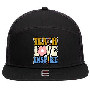 Teach Love Inspire Retro Gift For Teacher 7 Panel Mesh Trucker Snapback Hat