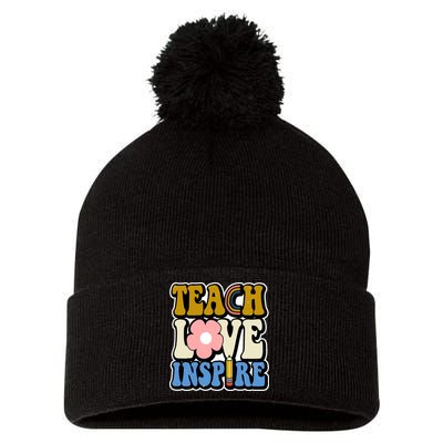 Teach Love Inspire Retro Gift For Teacher Pom Pom 12in Knit Beanie