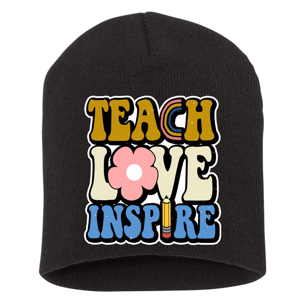 Teach Love Inspire Retro Gift For Teacher Short Acrylic Beanie