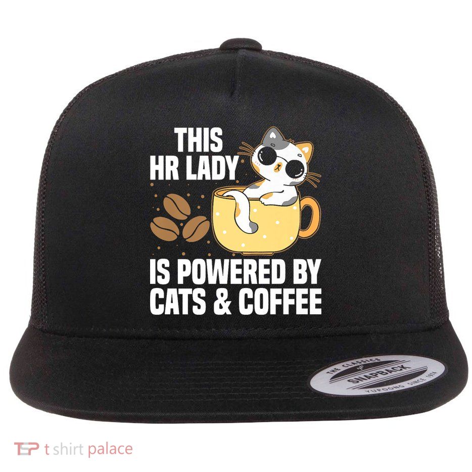 This Lady Is Powered By Cats & Coffee Expressive Design Flat Bill Trucker Hat