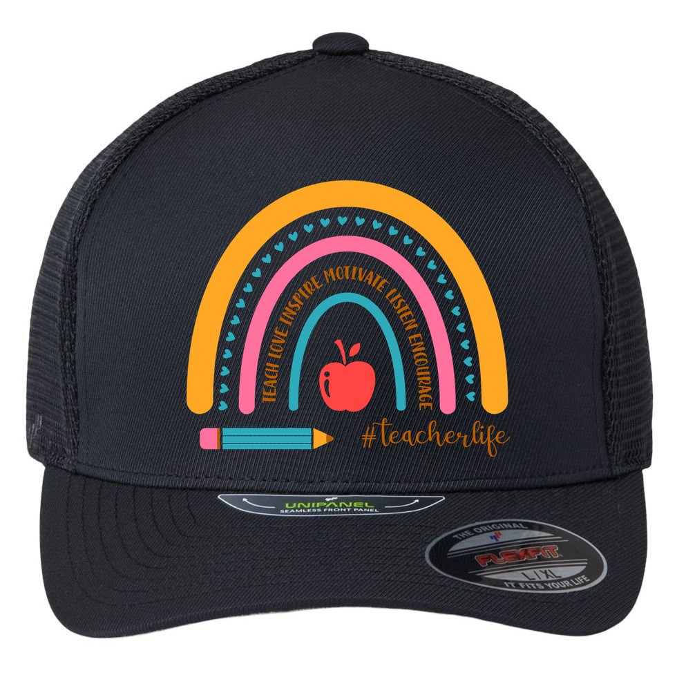Teacher Life Inspire Rainbow Cute Gift Flexfit Unipanel Trucker Cap