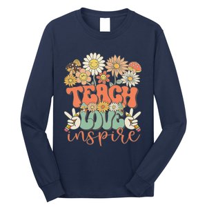 Teach Love Inspire Retro Groovy Daisy Back To School Teacher Long Sleeve Shirt