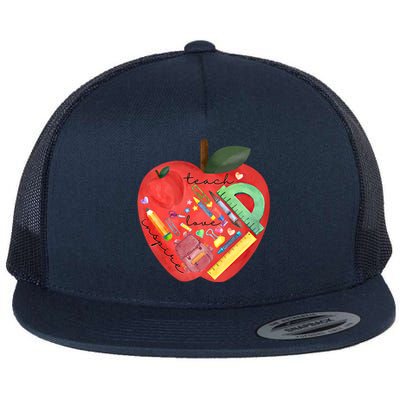 Teach Love Inspire Watercolor Teachers' Day Lettering Funny Gift Flat Bill Trucker Hat