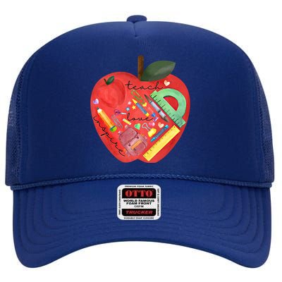 Teach Love Inspire Watercolor Teachers' Day Lettering Funny Gift High Crown Mesh Back Trucker Hat