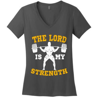 The Lord Is My Strengths Christian Gym Jesus Workout Women's V-Neck T-Shirt