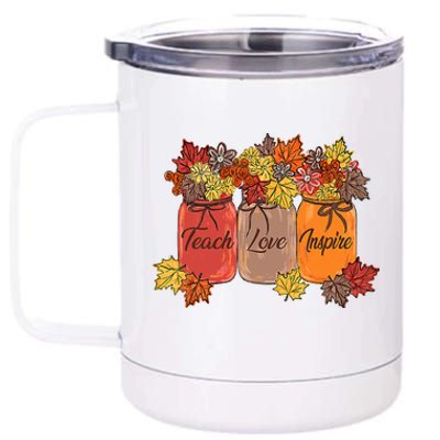 Teach Love Inspire Fall Teacher Thankful Floral Autumn Vibes 12 oz Stainless Steel Tumbler Cup