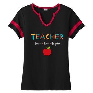 Teach Love Inspire Leopard Back To School Cute Teacher Ladies Halftime Notch Neck Tee