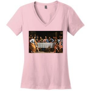 The Lord Jesus Christ With 12 Apostles On The Lords Supper Women's V-Neck T-Shirt