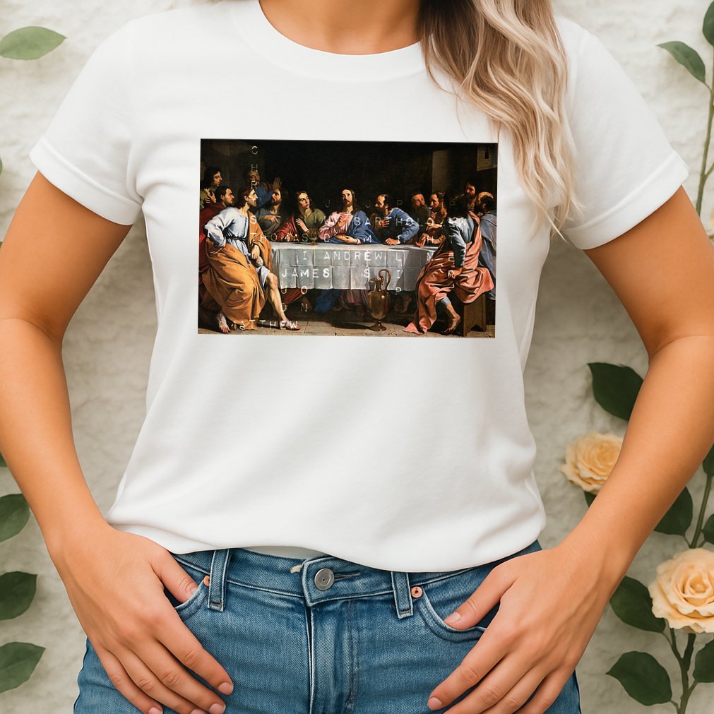 The Lord Jesus Christ With 12 Apostles On The Lords Supper Womens T-Shirt