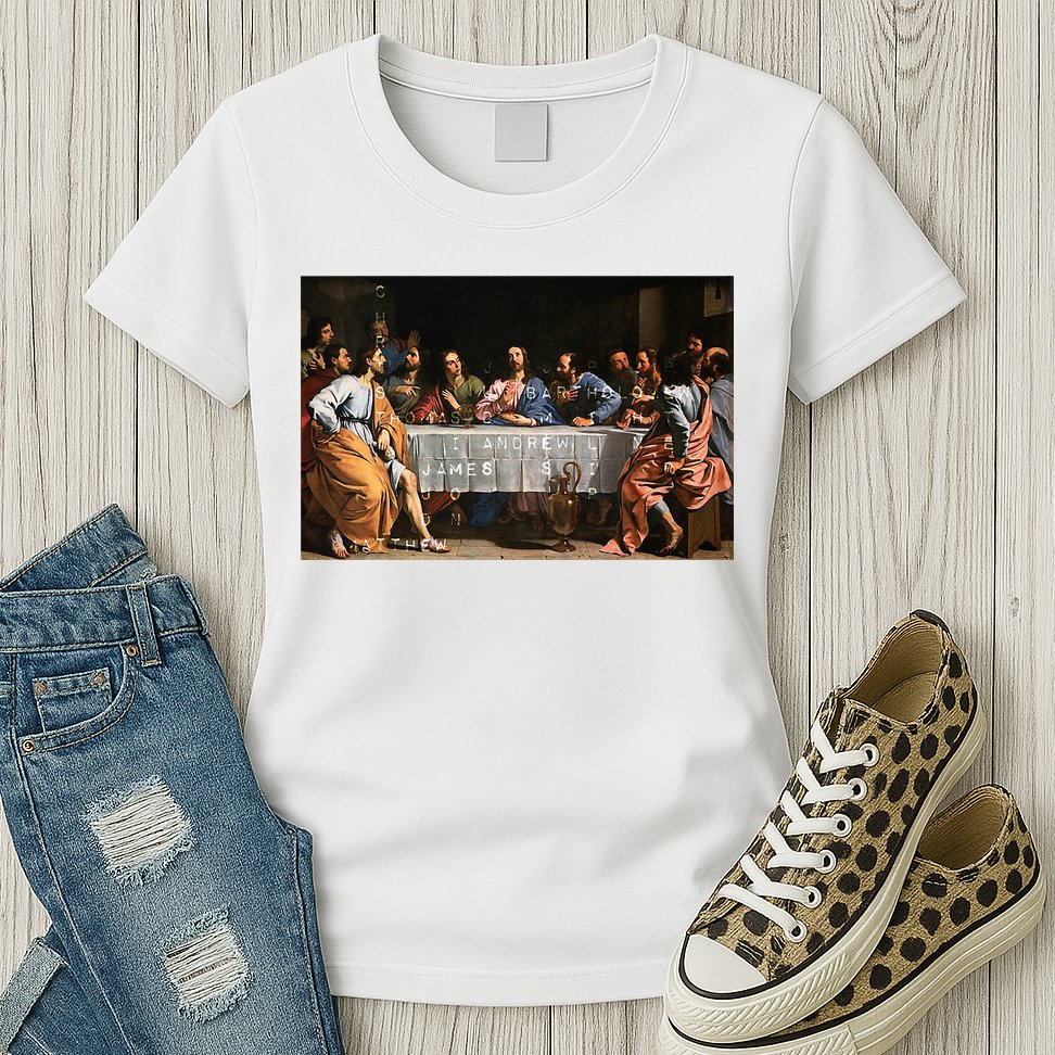 The Lord Jesus Christ With 12 Apostles On The Lords Supper Womens T-Shirt