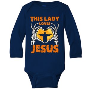 This Lady Loves Jesus Halloween Skeleton Hands Heart Gift Baby Long Sleeve Bodysuit