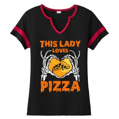 This Lady Loves Pizza Halloween Skeleton Hands Heart Gift Ladies Halftime Notch Neck Tee