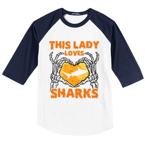 This Lady Loves Sharks Halloween Skeleton Hands Heart Great Gift Baseball Sleeve Shirt