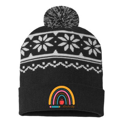 Teacher Life Love Inspire Motivate Rainbow USA-Made Snowflake Beanie