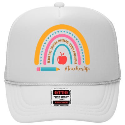 Teacher Life Love Inspire Motivate Rainbow High Crown Mesh Back Trucker Hat