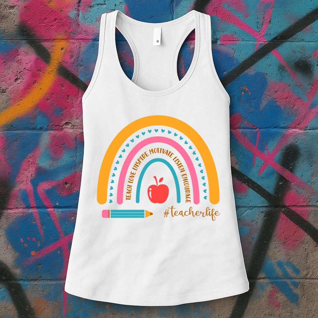 Teacher Life Love Inspire Motivate Rainbow Womens Tank Top