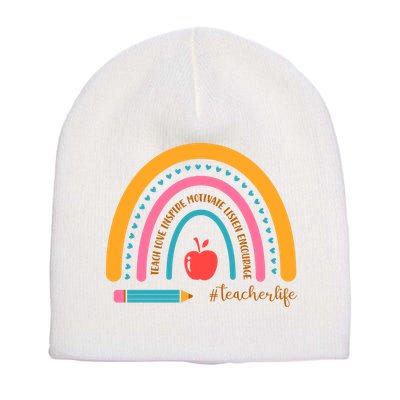 Teacher Life Love Inspire Motivate Rainbow Short Acrylic Beanie