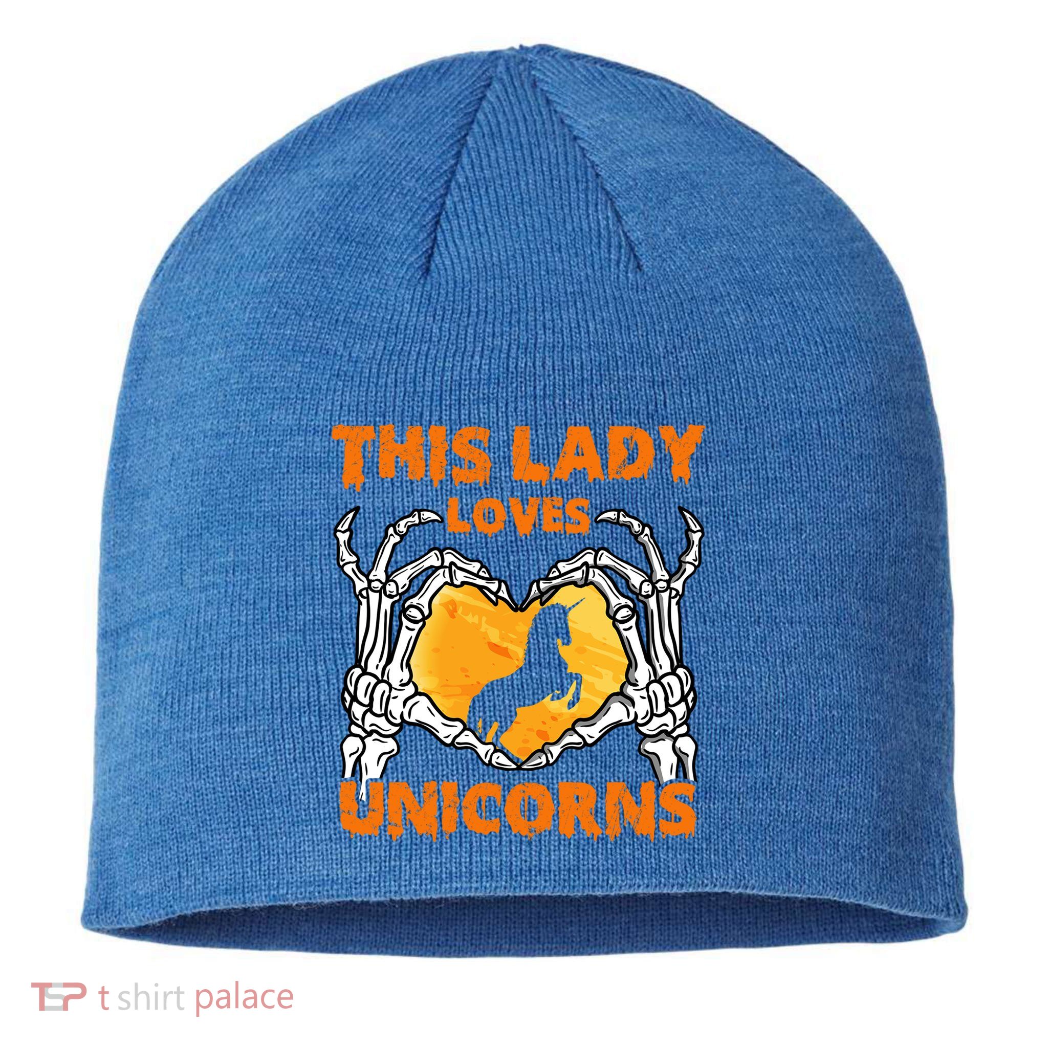 This Lady Loves Unicorn Halloween Skeleton Hands Heart Gift Sustainable Beanie