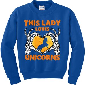 This Lady Loves Unicorn Halloween Skeleton Hands Heart Gift Kids Sweatshirt