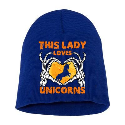 This Lady Loves Unicorn Halloween Skeleton Hands Heart Gift Short Acrylic Beanie