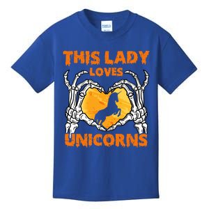 This Lady Loves Unicorn Halloween Skeleton Hands Heart Gift Kids T-Shirt