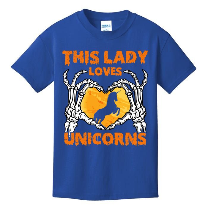 This Lady Loves Unicorn Halloween Skeleton Hands Heart Gift Kids T-Shirt