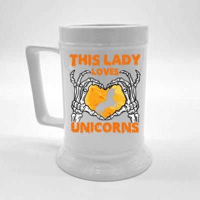 This Lady Loves Unicorn Halloween Skeleton Hands Heart Gift Beer Stein