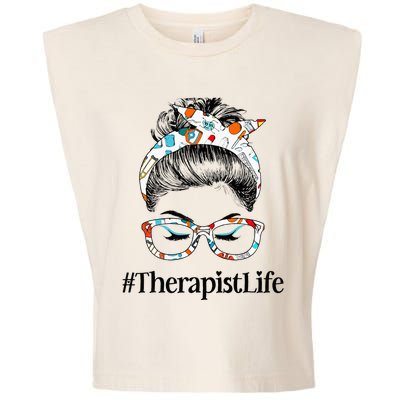 Therapist Life Messy Hair Woman Bun Healthcare worker Garment-Dyed Women's Muscle Tee