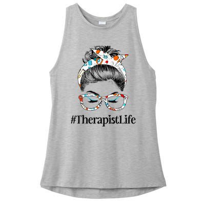 Therapist Life Messy Hair Woman Bun Healthcare worker Ladies PosiCharge Tri-Blend Wicking Tank