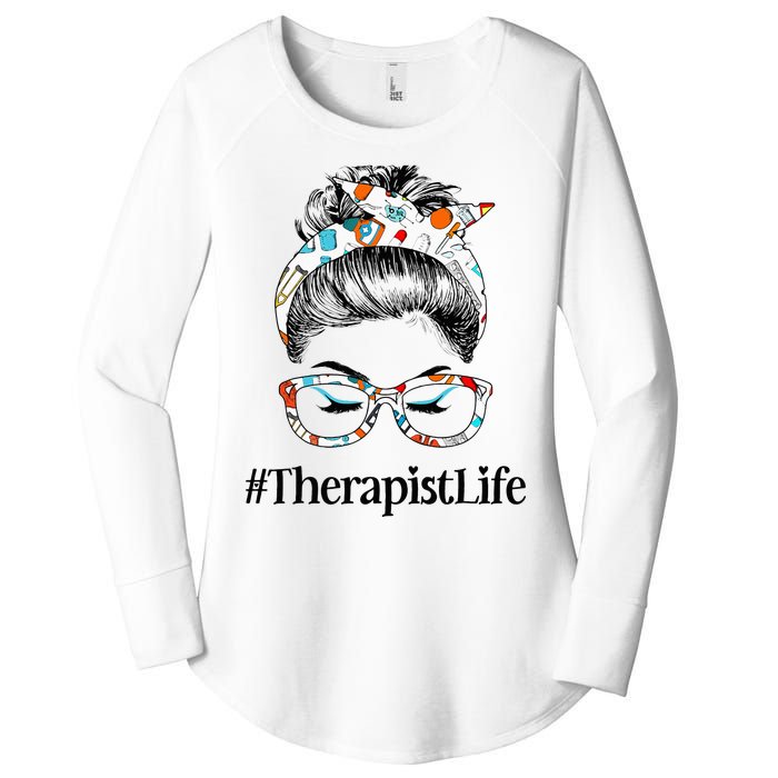 Therapist Life Messy Hair Woman Bun Healthcare worker Women's Perfect Tri Tunic Long Sleeve Shirt