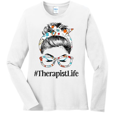 Therapist Life Messy Hair Woman Bun Healthcare worker Ladies Long Sleeve Shirt