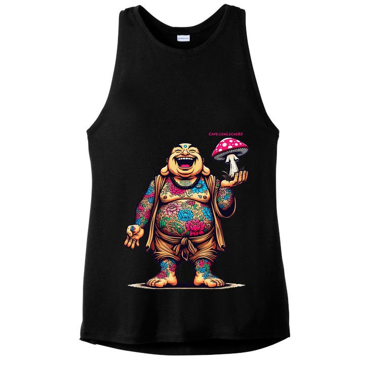 Tattooed Laughing Monk With A Mushroom Ladies PosiCharge Tri-Blend Wicking Tank