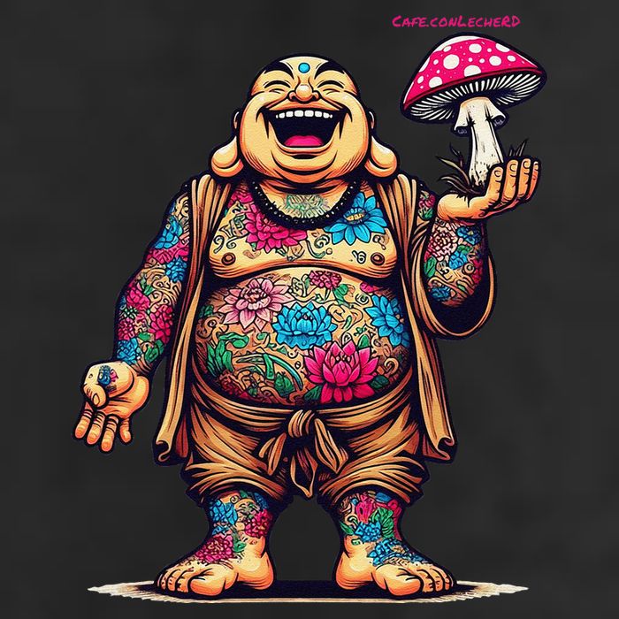 Tattooed Laughing Monk With A Mushroom 7 Panel Mesh Trucker Snapback Hat