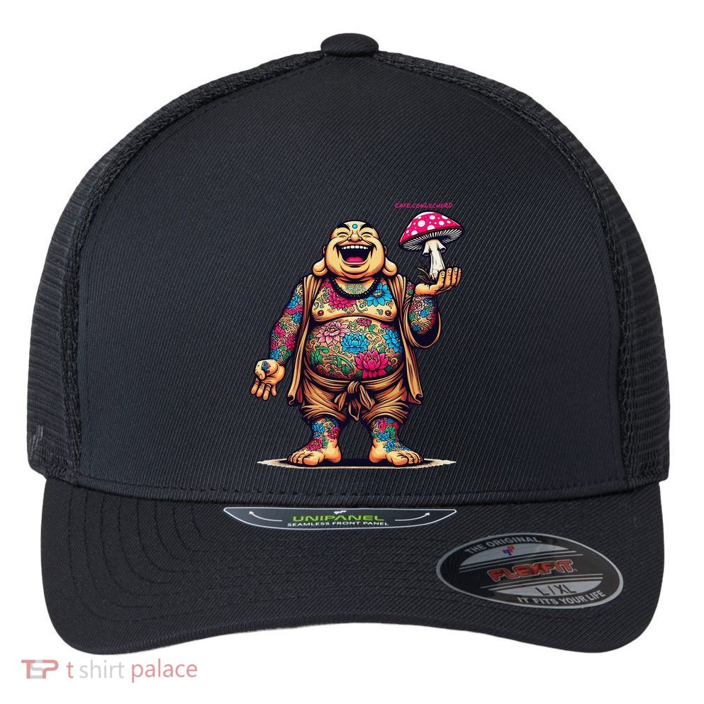 Tattooed Laughing Monk With A Mushroom Flexfit Unipanel Trucker Cap