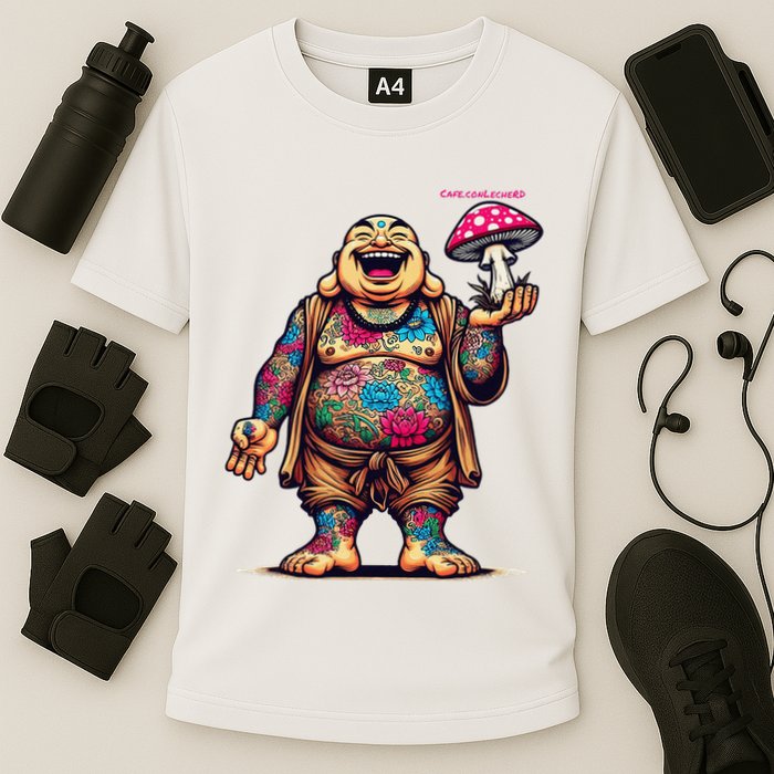 Tattooed Laughing Monk With A Mushroom Performance Shirt
