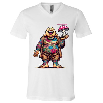 Tattooed Laughing Monk With A Mushroom V-Neck T-Shirt
