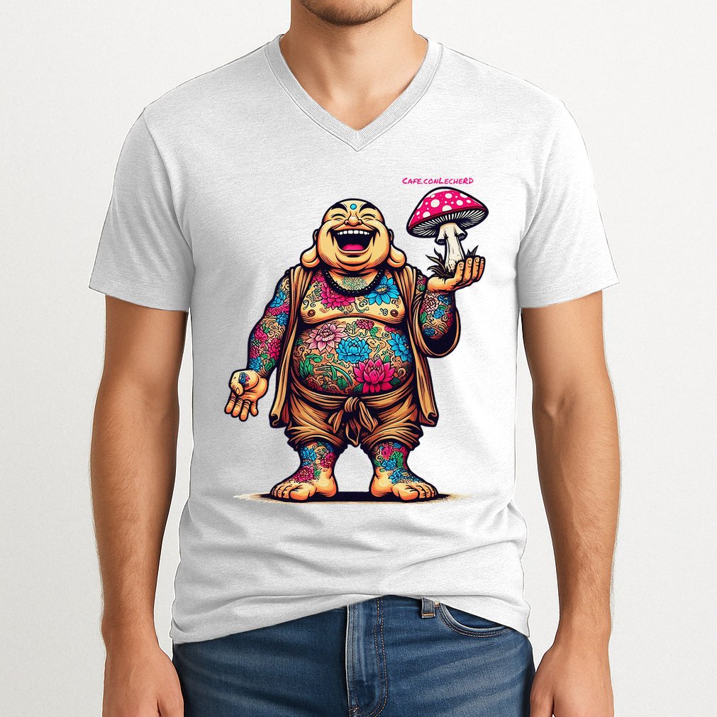 Tattooed Laughing Monk With A Mushroom V-Neck T-Shirt