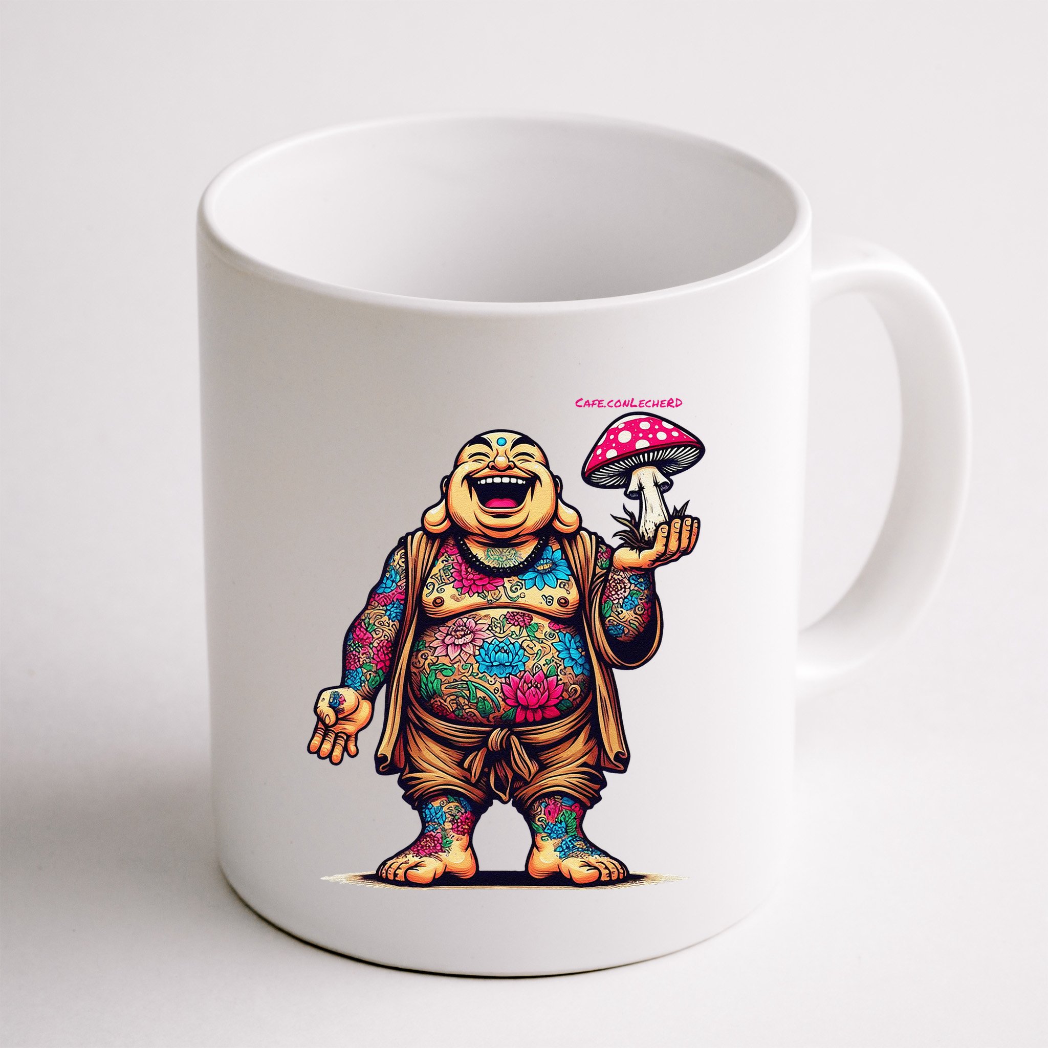 Tattooed Laughing Monk With A Mushroom Mug