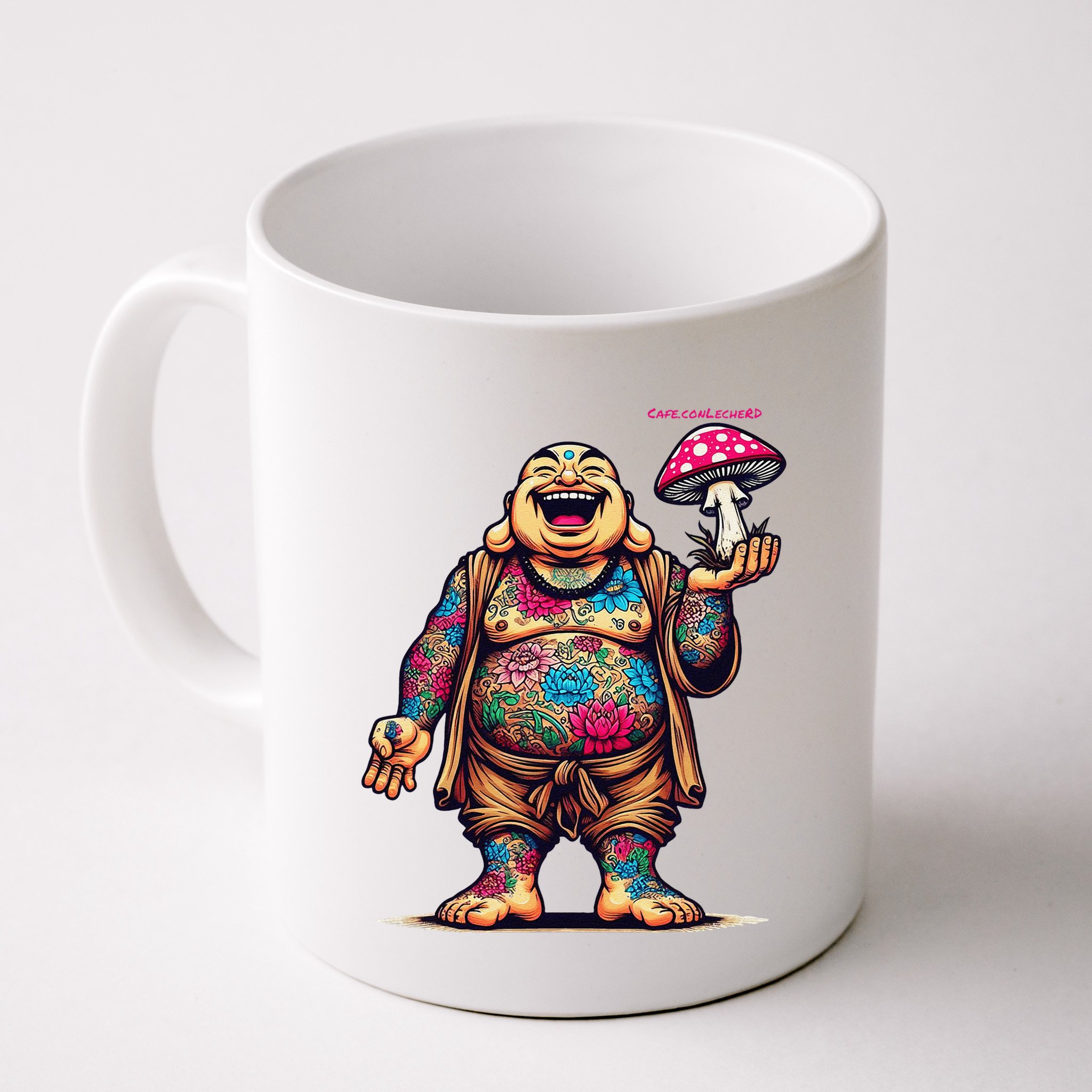 Tattooed Laughing Monk With A Mushroom Mug