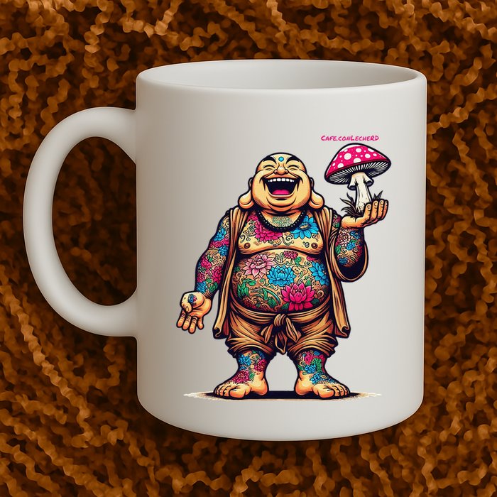 Tattooed Laughing Monk With A Mushroom Mug