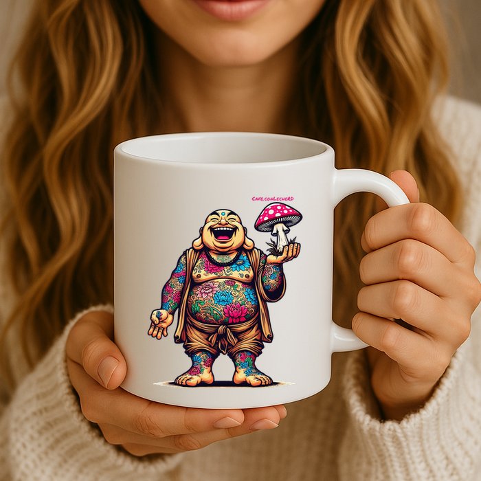 Tattooed Laughing Monk With A Mushroom Mug