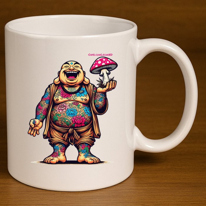 Tattooed Laughing Monk With A Mushroom 11oz C Handle Ceramic Mug