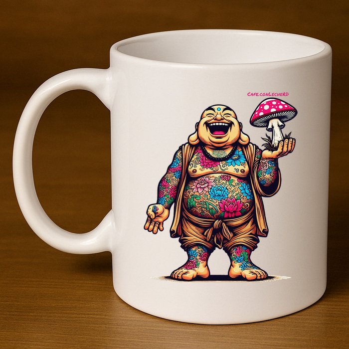 Tattooed Laughing Monk With A Mushroom 11oz C Handle Ceramic Mug