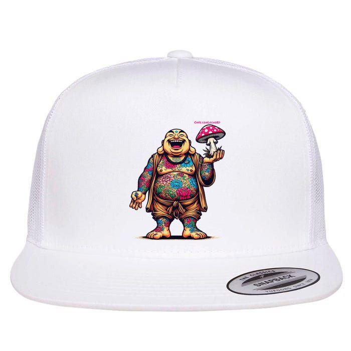 Tattooed Laughing Monk With A Mushroom Flat Bill Trucker Hat
