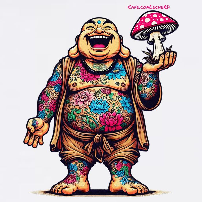Tattooed Laughing Monk With A Mushroom Visor
