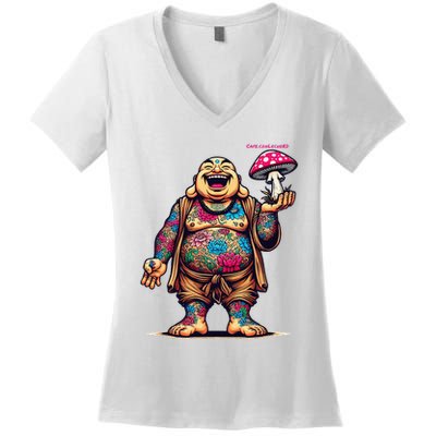 Tattooed Laughing Monk With A Mushroom Women's V-Neck T-Shirt