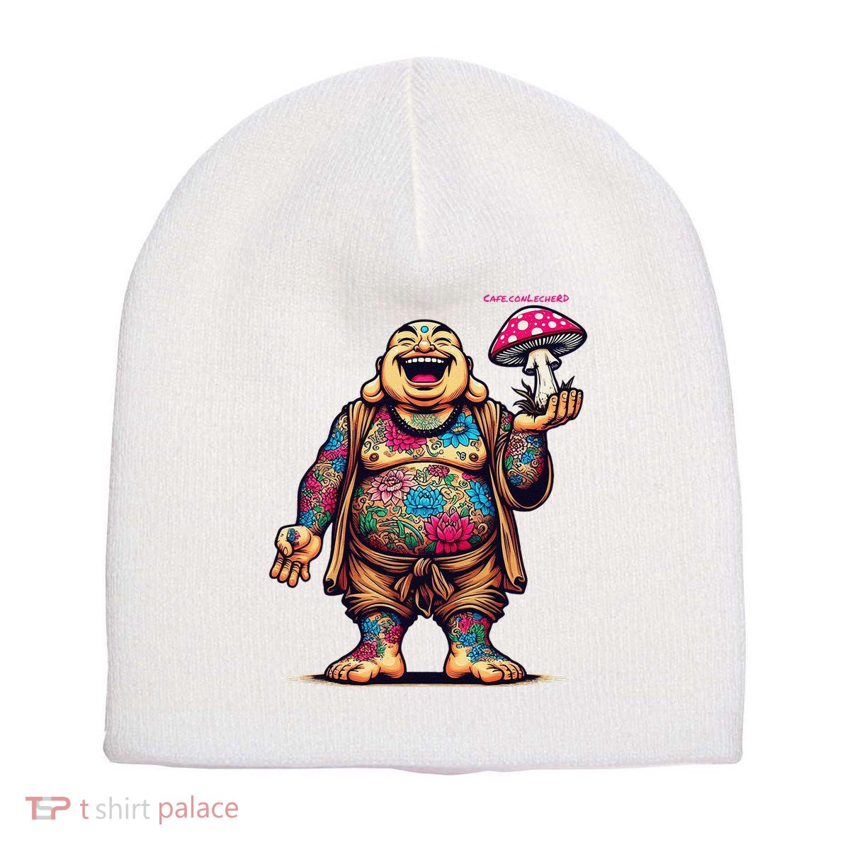 Tattooed Laughing Monk With A Mushroom Short Acrylic Beanie