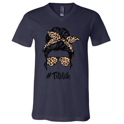 Titi Life Messy Bun Hair Bandana Leopard Print Mother's Day V-Neck T-Shirt